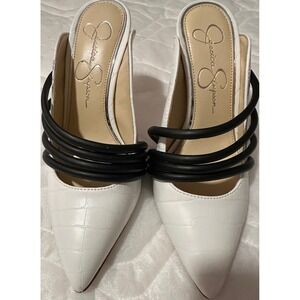 Jessica Simpson White Croc Embossed Mules Heels Black Strappy Womens Size 6M‎
